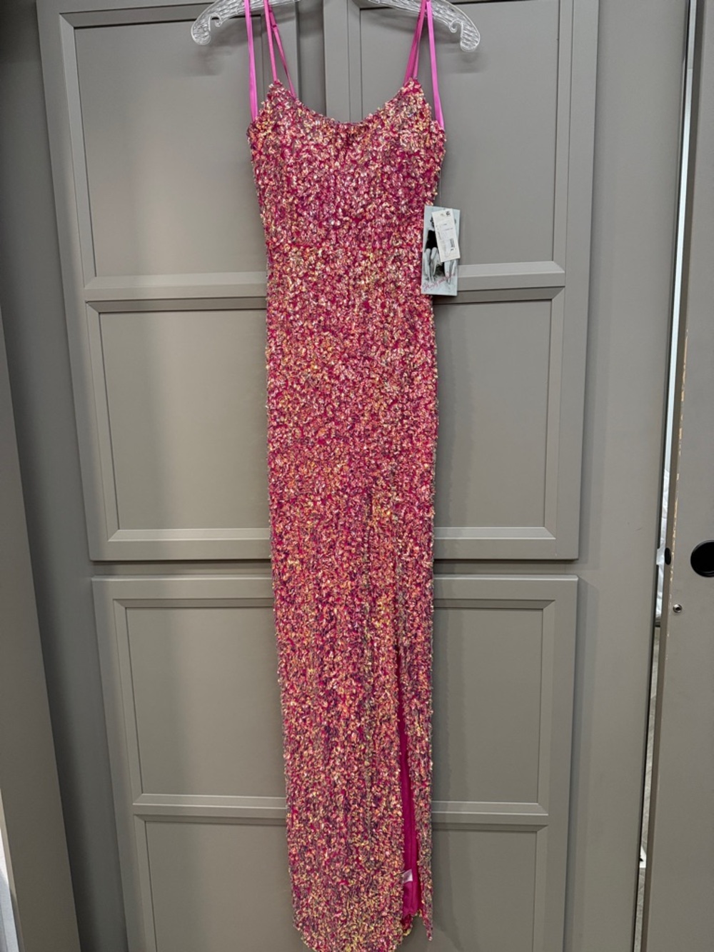 Honey and Rosie Pink Sequin Spaghetti-Strap Prom Gown